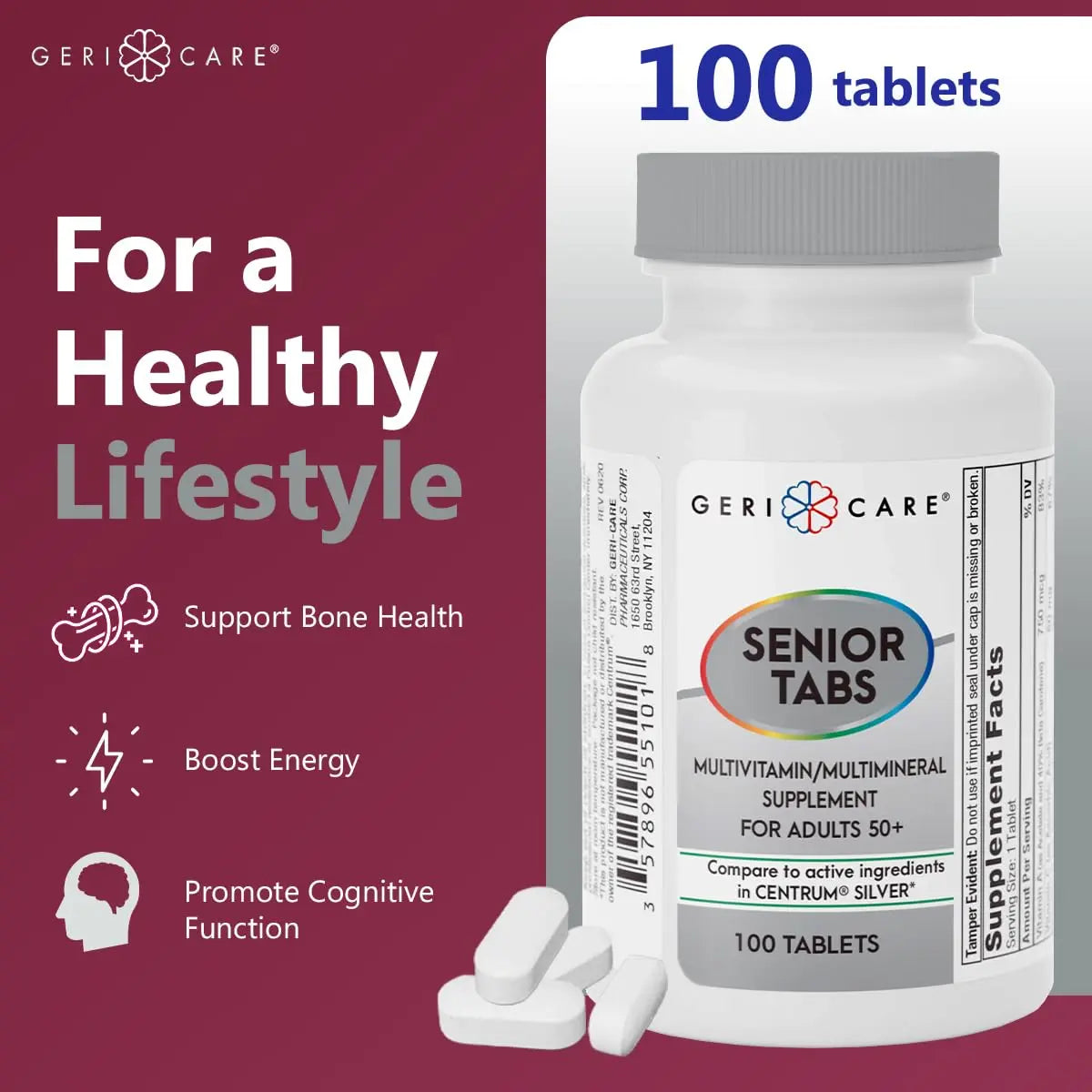 GeriCare Senior Tab 50+ Multivitamin and Minerals Tablets - Immune Support - Age-Defying Nutrition, 100 Count (Pack of 2) GeriCare