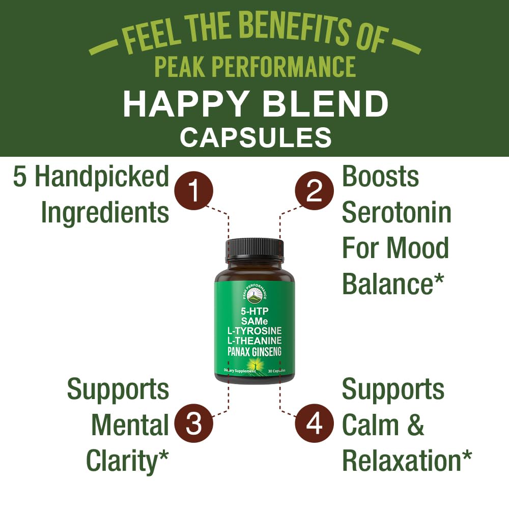 Peak Performance Mood Support Supplement with 5 Top Ingredients: 5HTP, SAM e, L Tyrosine, L Theanine, and Panax Ginseng. Calm, Focus, Relaxation Supplements. Vegan Peak PerformanceBuy Supplements Australia