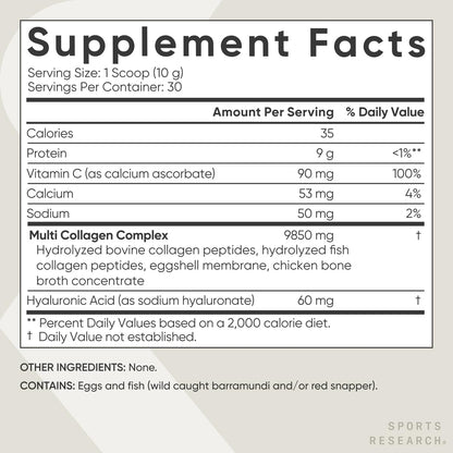 Sports Research Multi Collagen Protein Powder (Type I, II, III, V, X) with Hyaluronic Acid + Vitamin C | 5 Types of Food Based Collagen