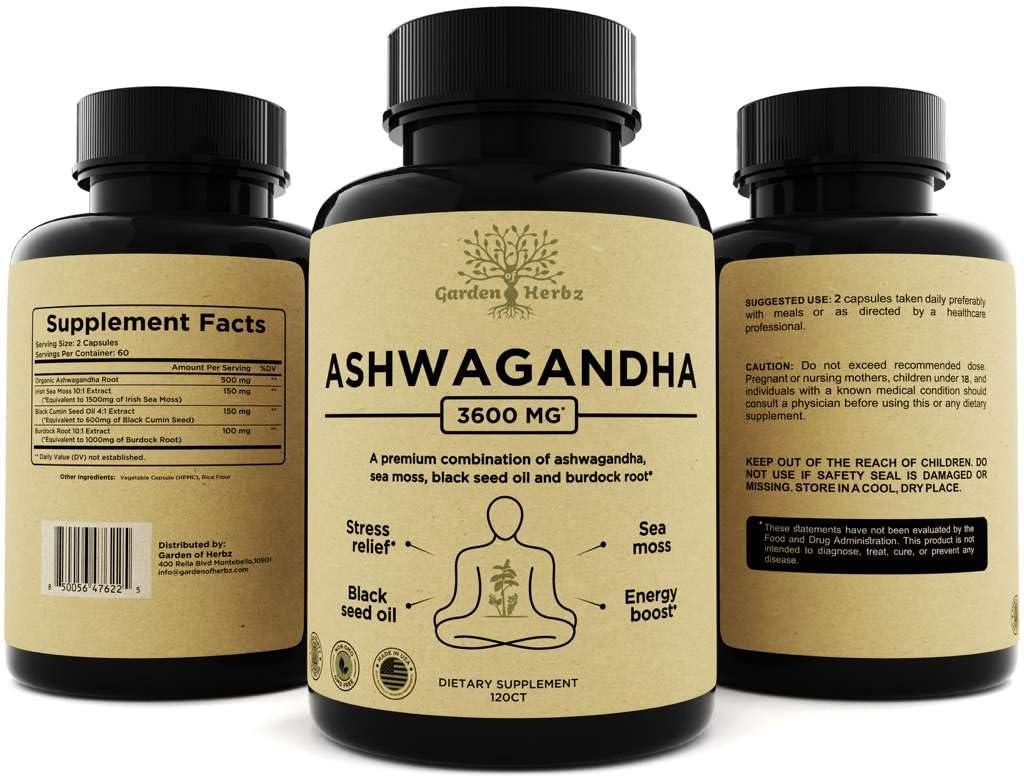 Garden of Herbz Organic Ashwagandha Root & Irish Sea Moss – 3,600 mg Ashwagandha Supplement with Black Seed Oil, & Burdock Root – Herbal Supplement for Energy, Calm, Mood, & Wellness, 120 Caps Garden of HerbzBuy Supplements Australia