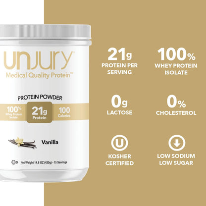 Unjury Whey Protein Powder | Vanilla | 21g 100% Whey Isolate Protein Powder | Low Carb and Lactose Free | Gluten Free | Certified Kosher | 15 Servings