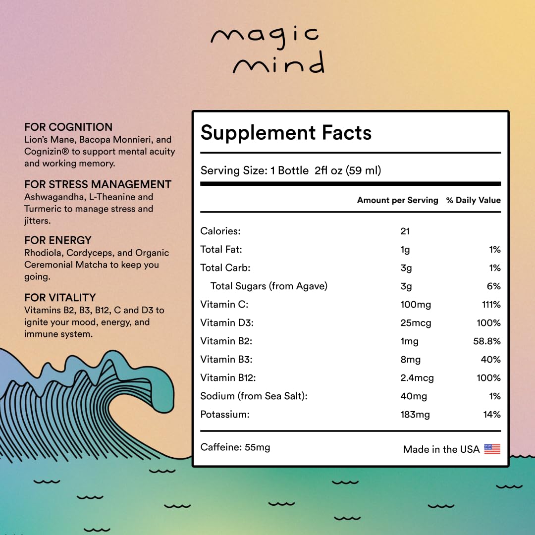 Magic Mind Energy And Focus Drink Shots - Stress Relieving, No Jitters, Ashwagandha, Vitamin B12, Vitamin C, Matcha Green Tea, Functional Mushrooms - 2 FL Oz (15 Pack) Magic MindBuy Supplements Australia