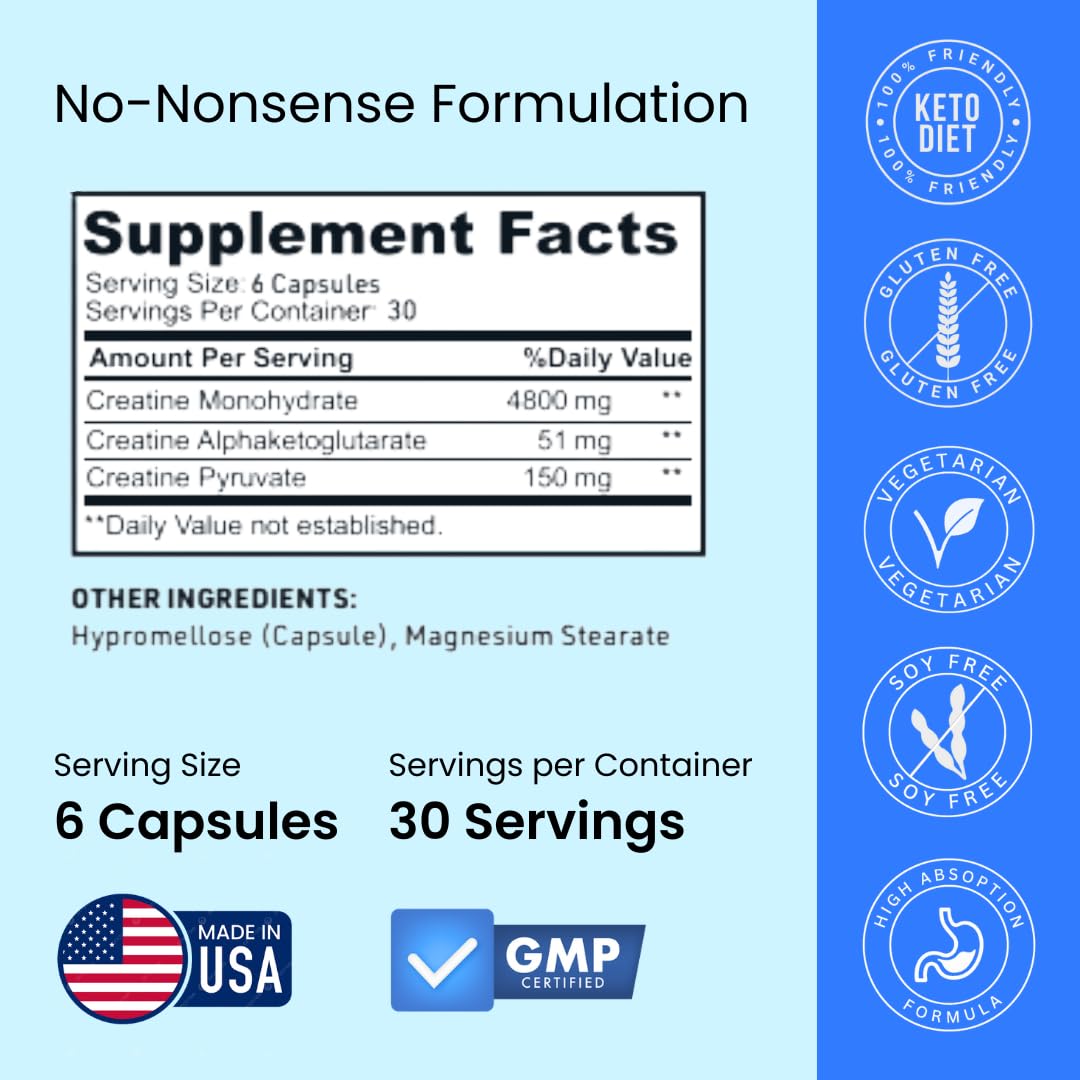 Creatine Capsules, 5g Premium 3X ThreeAtine Pre Workout Bulk Muscle Mass Gainer, High Absorption Easy to Take Creatine Monohydrate Pills Alternative Optimum Performance for Men Women, 180 Capsules Crazy MuscleBuy Supplements Australia