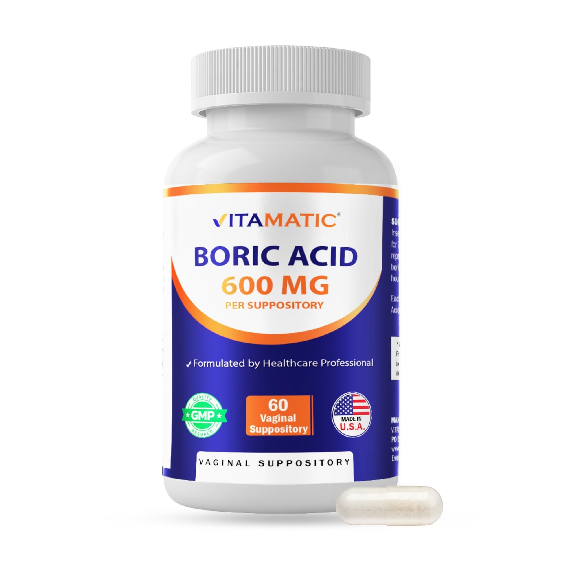 Vitamatic Boric Acid Vaginal Capsule Shell Suppositories 600 mg USP Grade Boric Acid in Vegetarian Capsule Shell - 60 Count VitamaticBuy Supplements Australia