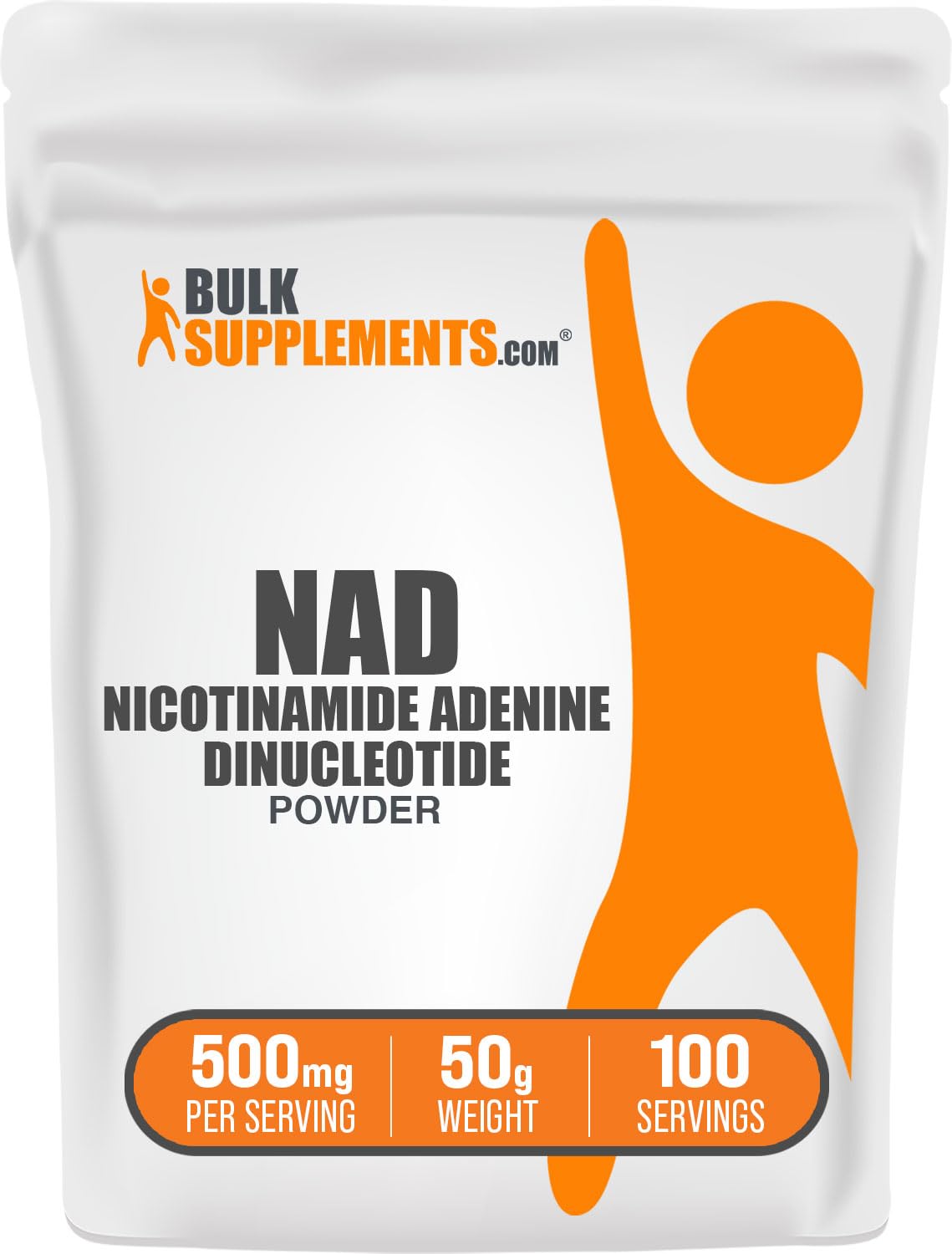 Package of Bulk Supplements NAD powder with an orange figure on a white background