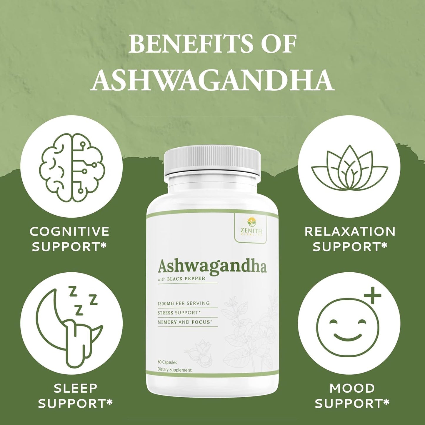 Zenith Vitality Ashwagandha 1300mg Capsules – Stress Relief & Cortisol Support, Immune & Energy Boost, Mental Clarity, Herbal Adaptogen Supplement – 60 Count Zenith VitalityBuy Supplements Australia