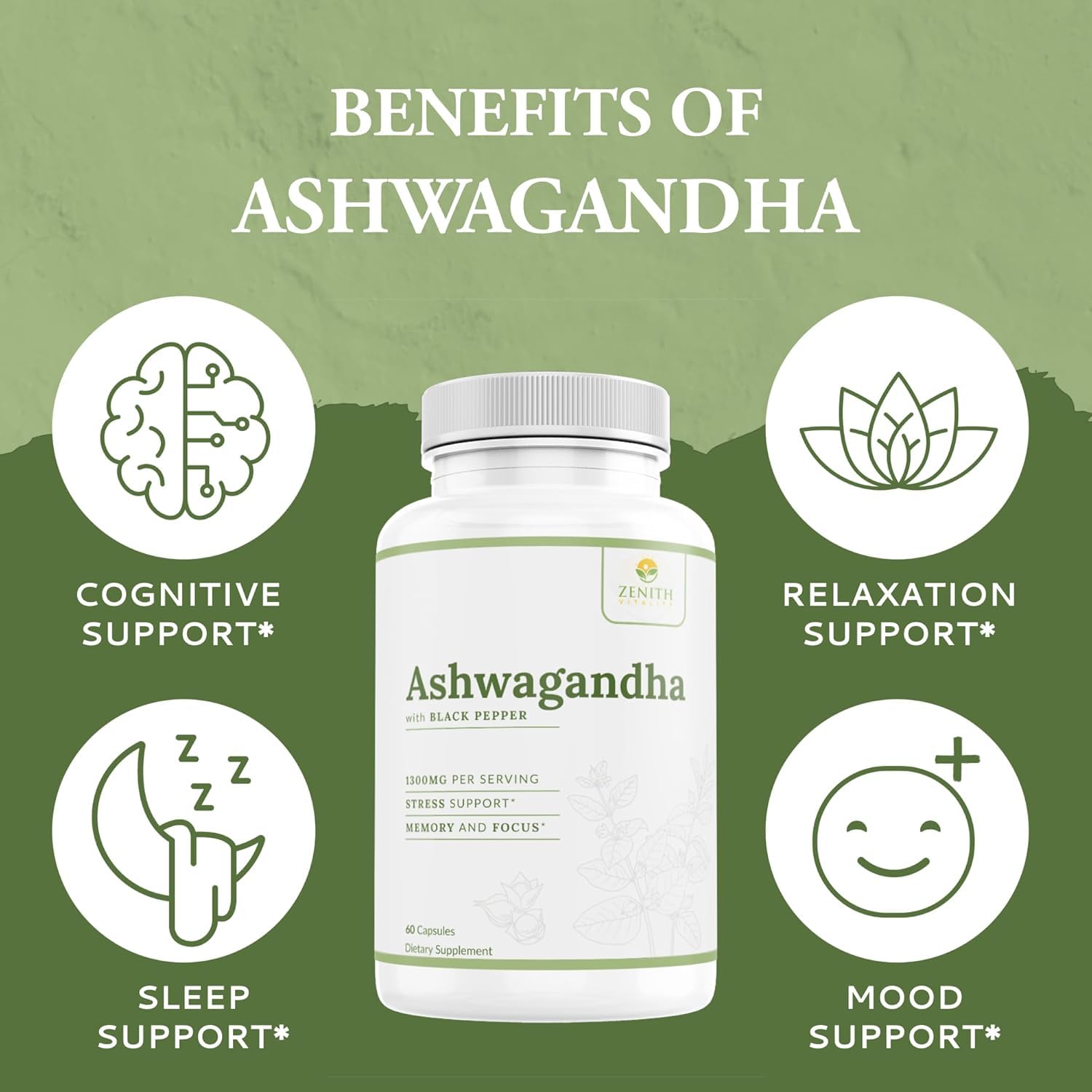 Zenith Vitality Ashwagandha 1300mg Capsules – Stress Relief & Cortisol Support, Immune & Energy Boost, Mental Clarity, Herbal Adaptogen Supplement – 60 Count Zenith VitalityBuy Supplements Australia