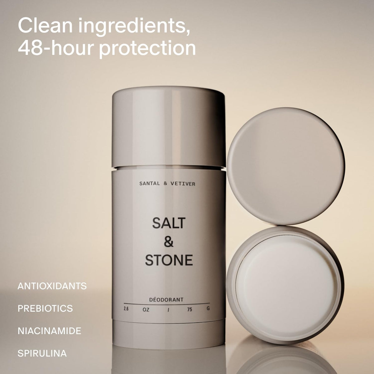 Salt & Stone Aluminum Free Deodorant | Extra Strength 48 Hour Protection for Women & Men | Made with Seaweed Extracts, Niacinamide & Prebiotics | Santal & Vetiver Salt & StoneBuy Supplements Australia