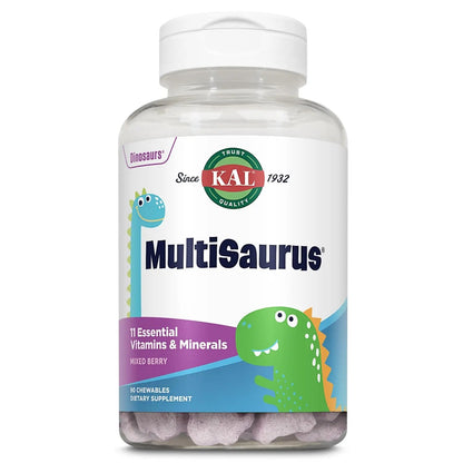 KAL MultiSaurus Kids Chewable Multivitamins, 11 Essential Vitamins and Minerals for Kids, Mixed Berry Flavor, Gluten and Preservative Free KAL