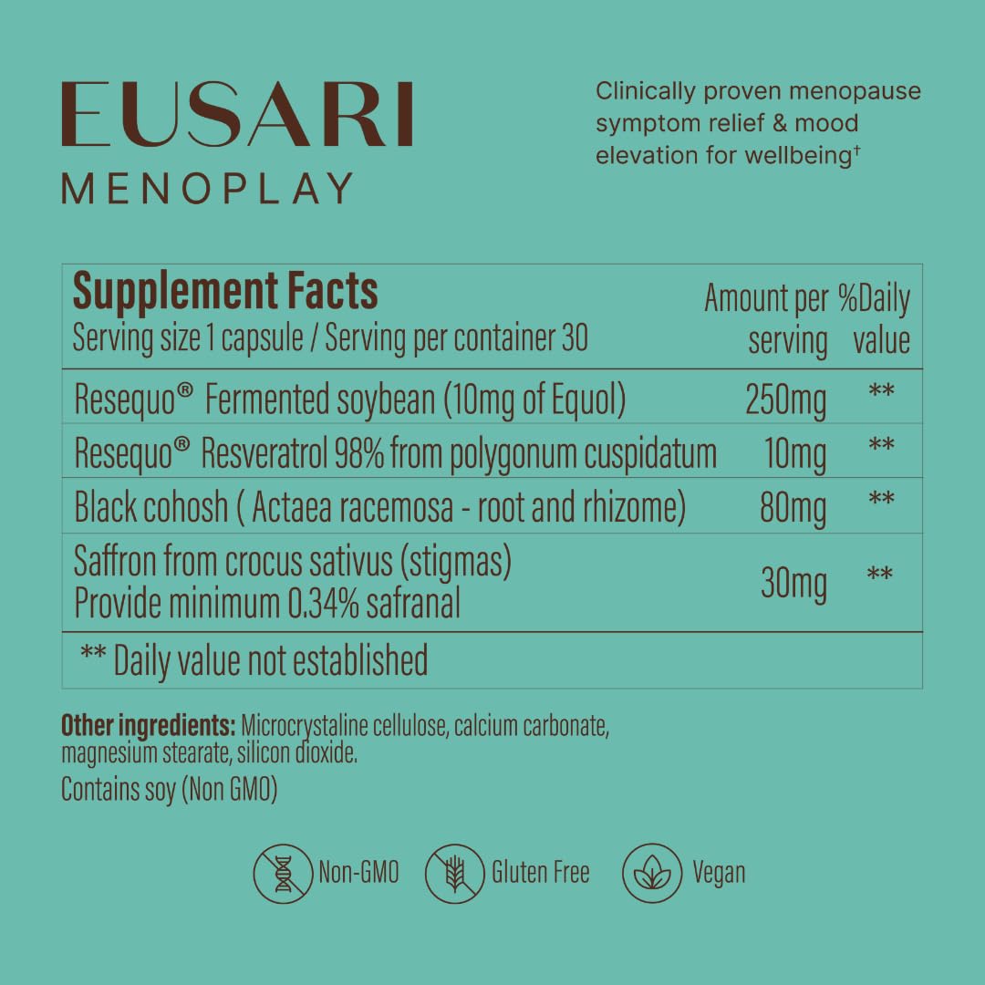 Menoplay Menopause & Perimenopause Relief Supplement – Non-Hormonal Formula with Equol, Black Cohosh & Saffron – Helps Hot Flashes, Night Sweats, Mood & Sleep – Doctor Formulated – 30 Tablets EusariBuy Supplements Australia