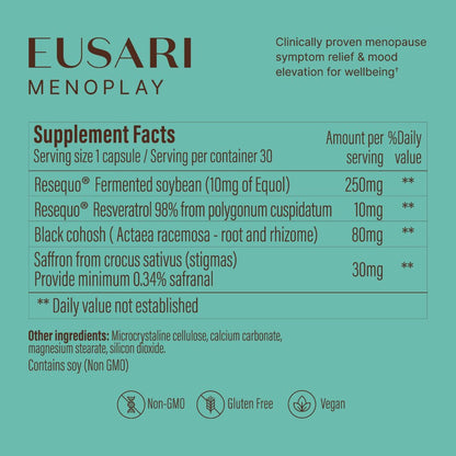 Menoplay Menopause & Perimenopause Relief Supplement – Non-Hormonal Formula with Equol, Black Cohosh & Saffron – Helps Hot Flashes, Night Sweats, Mood & Sleep – Doctor Formulated – 30 Tablets EusariBuy Supplements Australia
