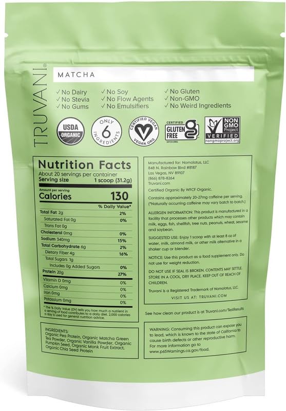 Truvani Organic Vegan Protein Powder Matcha - 20g of Plant Based, Organic Protein TruvaniBuy Supplements Australia
