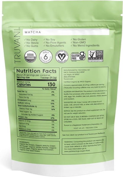 Truvani Organic Vegan Protein Powder Matcha - 20g of Plant Based, Organic Protein TruvaniBuy Supplements Australia
