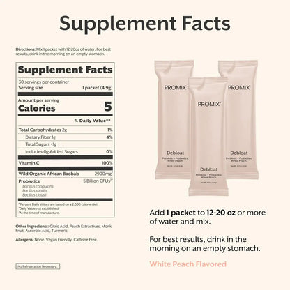 ProMix Nutrition Debloat Prebiotics and Probiotics, Bloating Relief for Women, Gut Cleanse Detox for Men and Immune Support - White Peach - 30 Servings (Pack of 30) ProMix NutritionBuy Supplements Australia