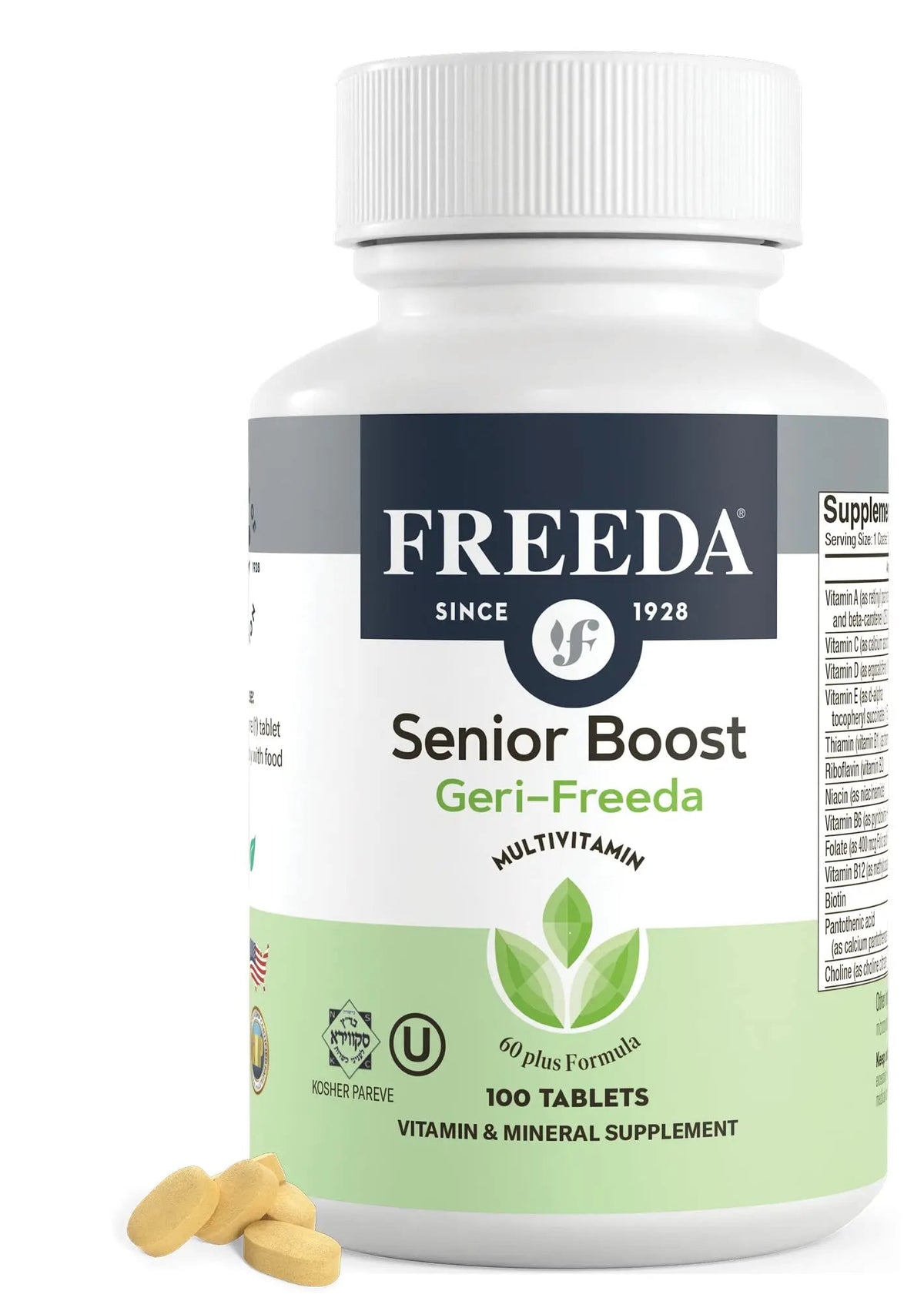 Freeda Senior Multivitamin - Kosher Vitamins for Men & Women 60 and Over - One Daily Coated Tablet - Women’s & Men’s Vitamins Multivitamin 60 Plus FREEDA
