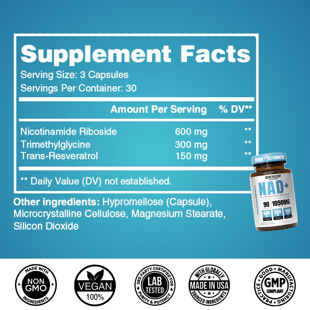 Benevolent NAD+ Supplement 1050mg, Max Absorption 3in1 NAD Supplements for Women & Men with Nicotinamide Riboside, Trans-Resveratrol & TMG, NAD Plus for Cellular Energy, Brain Support & Aging, 90 Caps Benevolent NourishmentBuy Supplements Australia