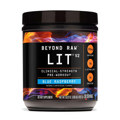 BEYOND RAW LIT V2 Clinical Strength Pre Workout Powder, Hits Harder, Bigger Pumps, Caffeine, L-Citrulline, Creatine, Blue Raspberry, 30 Servings