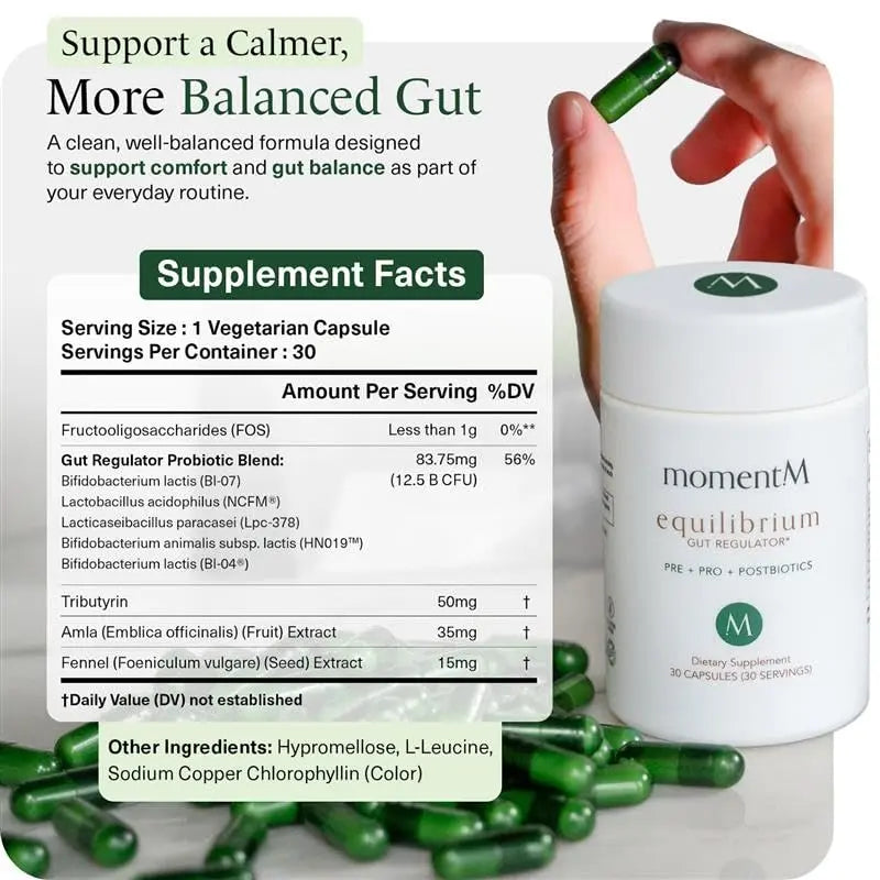 momentM Equilibrium 3-in-1 Probiotics for Women & Men Digestive Health, Prebiotics and Probiotics for Women with HOWARU Strains, Postbiotics & Fennel for Bloat & Gut Health,12.5B CFU, 30 Capsules momentMBuy Supplements Australia