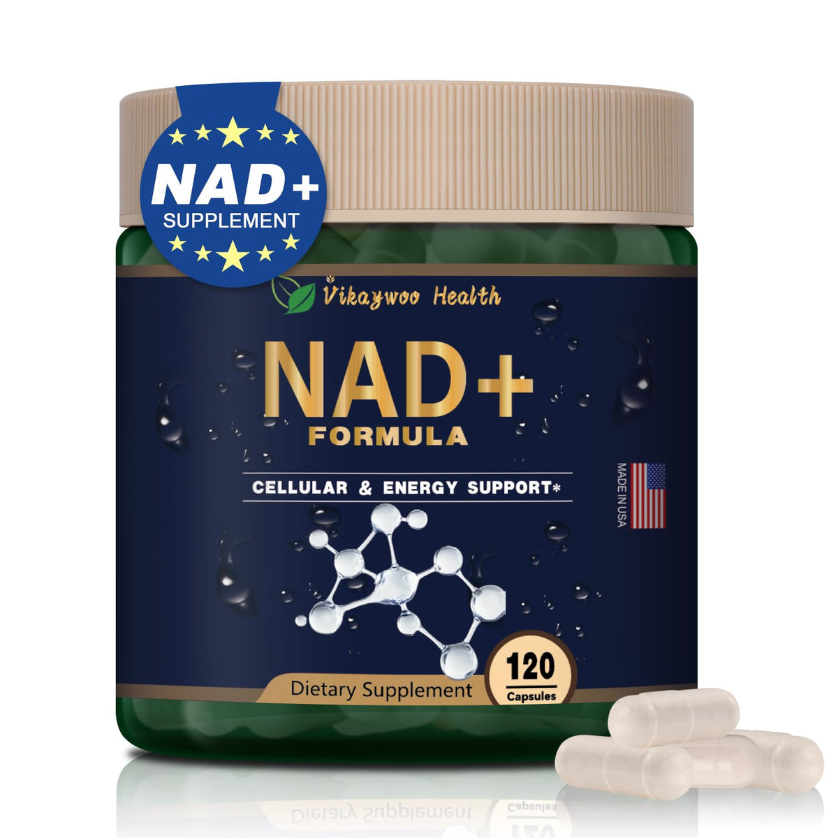 Vikaywoo Health NAD+ Formula supplement jar with capsules on a white background
