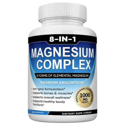 Bottle of 8-IN-1 Magnesium Complex dietary supplement on a white background