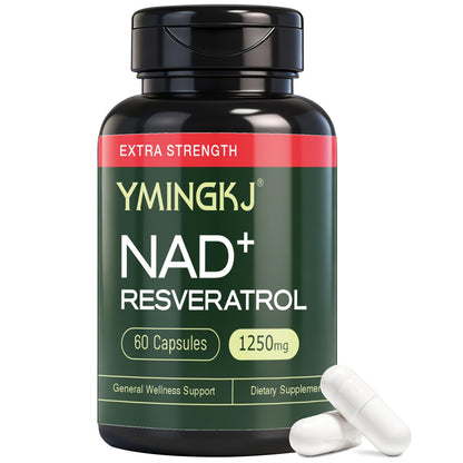 Supplement bottle labeled 'YMINGKJ NAD+ Resveratrol' with capsules on a white background