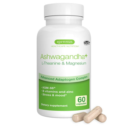 Igennus High Strength Ashwagandha, Magnesium, & L-Theanine Stress Relief Complex, KSM-66 Root Extract Adaptogens, Boosted with Methylfolate, Zinc & Biotin Clean Label, 60 Fast Acting Capsules Igennus Healthcare NutritionBuy Supplements Australia