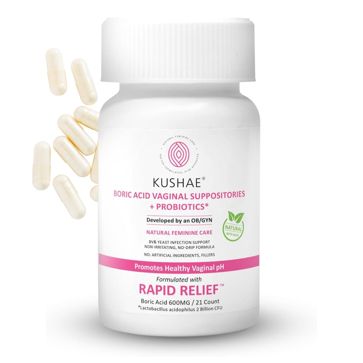 Kushae Boric Acid Suppositories + Rapid Relief, All Natural Female Suppositories with Probiotics & Aloe Vera, Relieves Discomfort & Balances pH Level Bottle Only 21 Capsules KushaeBuy Supplements Australia