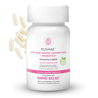 Kushae Boric Acid Suppositories + Rapid Relief, All Natural Female Suppositories with Probiotics & Aloe Vera, Relieves Discomfort & Balances pH Level Bottle Only 21 Capsules KushaeBuy Supplements Australia