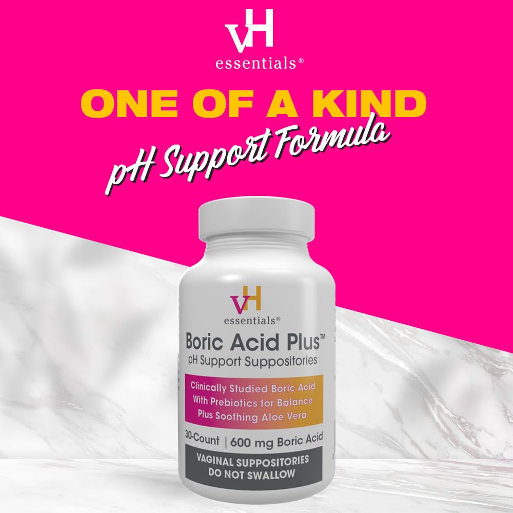 vH Essentials Boric Acid Plus Vaginal Suppositories, Prebiotic Infused with Soothing Aloe Vera, pH Support Formula Fights Odor and Promotes Freshness, 600mg Boric Acid, 30 Count vH essentialsBuy Supplements Australia