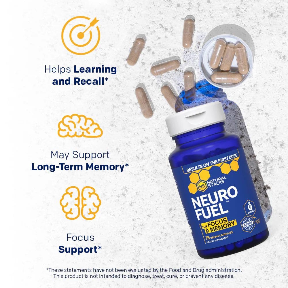 NATURAL STACKS Original NeuroFuel Nootropic Brain Support Supplement - 750mg L-Carnitine & 500mg L-Phenylalanine - Brain Supplement for Memory and Focus* - 75 Focus Pills NATURAL STACKSBuy Supplements Australia