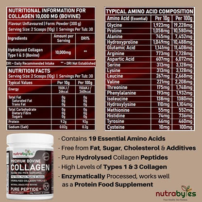 Pure Hydrolysed Collagen Powder 10000mg Bovine Type 1 & 3 Unflavoured|High Strength Protein Peptides for Women & Men NUTRABYTESBuy Supplements Australia