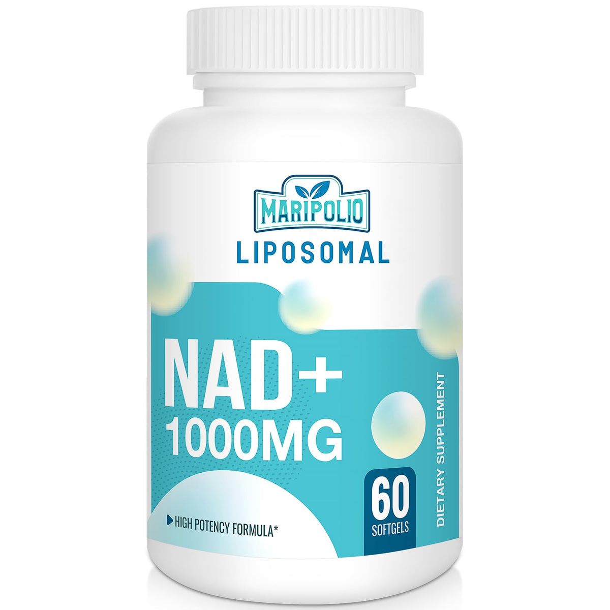 Supplement bottle labeled 'Maripolio Liposomal NAD+ 1000MG' on a white background