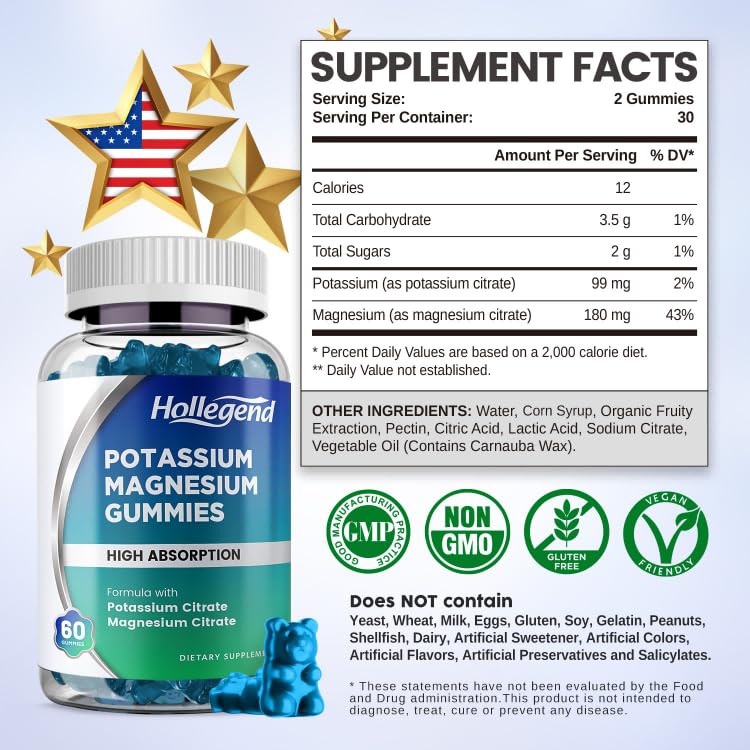 HOLLEGEND Potassium Magnesium Gummies, High Absorption Potassium Citrate 99mg Magnesium Citrate 180mg, Chewable Gummy Supplements for Leg Cramps & Muscle, 60 Count HOLLEGENDBuy Supplements Australia