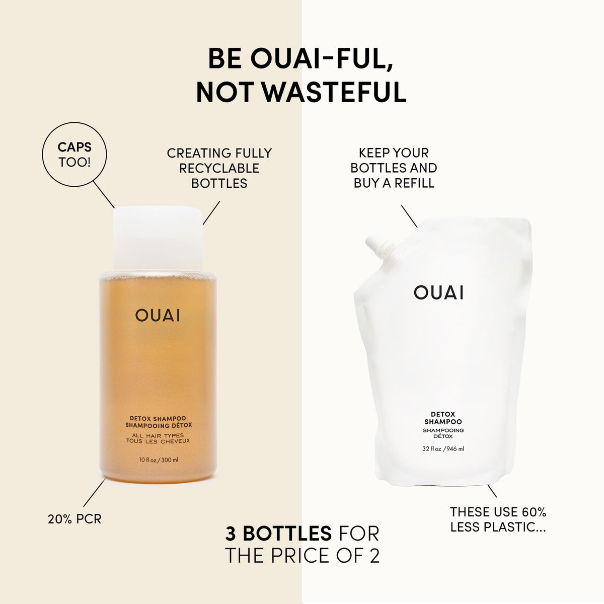 OUAI Detox Shampoo + Refill - Clarifying Shampoo for Build Up, Oil, Product & Hard Water - Apple Cider Vinegar & Keratin for Clean, Refreshed Hair - Sulfate Free Hair Care (2 Count, 10 Oz/32 Oz) OUAIBuy Supplements Australia