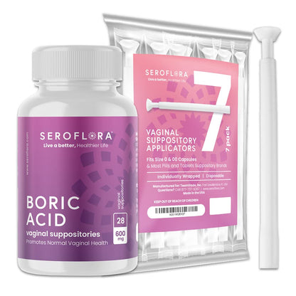 Seroflora Boric Acid Vaginal Suppositories 600mg – 30 Count with 7 Applicators for Odor Control & pH Balance Feminine Hygiene Support, Natural Intimate Care, Made in USA SEROVERABuy Supplements Australia
