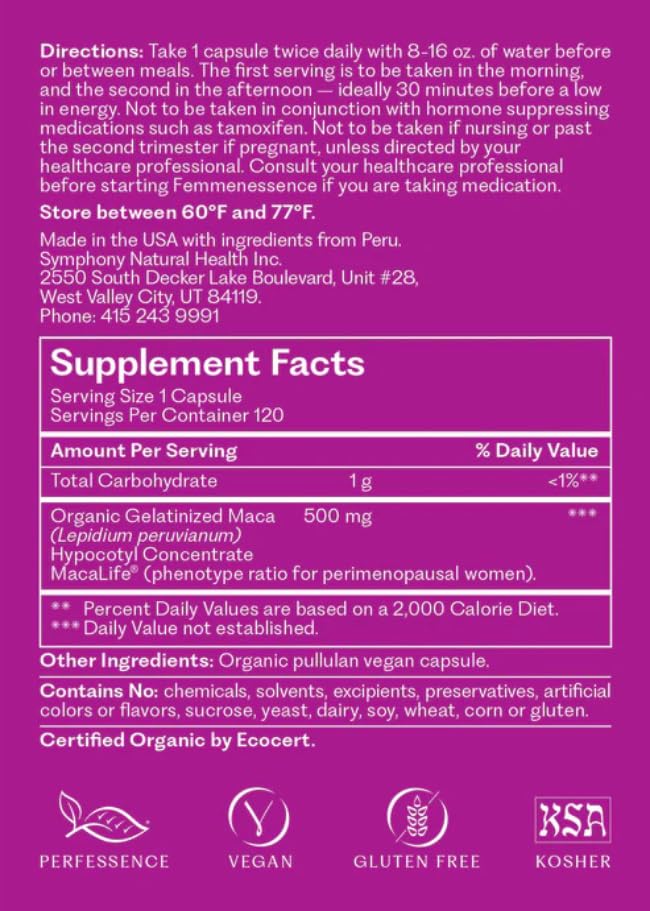 Femmenessence® MacaLife® – Clinically Proven Perimenopausal Organic Vegan Supplement for Natural Hormone Balance, Symptom Relief, Heart & Mood Support (120 Capsules, 60 Day Supply) Natural Health InternationalBuy Supplements Australia