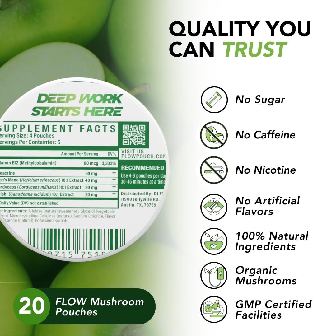 Flow Pouches Mushroom Nootropic Pouches - 600mg Organic Mushroom Energy Ultra Pouches with Lion's Mane, Reishi, Cordyceps for Focus & Clean Energy - Zero Caffeine or Sugar (5 Can Pack, Sour Apple) Flow Pouches buy supplements Au