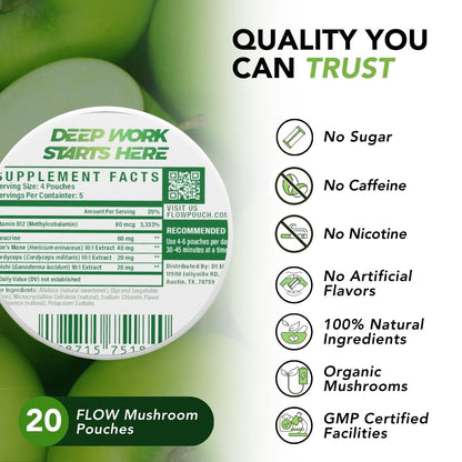 Flow Pouches Mushroom Nootropic Pouches - 600mg Organic Mushroom Energy Ultra Pouches with Lion's Mane, Reishi, Cordyceps for Focus & Clean Energy - Zero Caffeine or Sugar (5 Can Pack, Sour Apple) Flow Pouches buy supplements Au