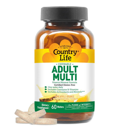 Country Life Adult Chewable Multivitamin with Coenzyme B-Vitamins, Antioxidants, Minerals, Pineapple-Orange Flavor Country Life