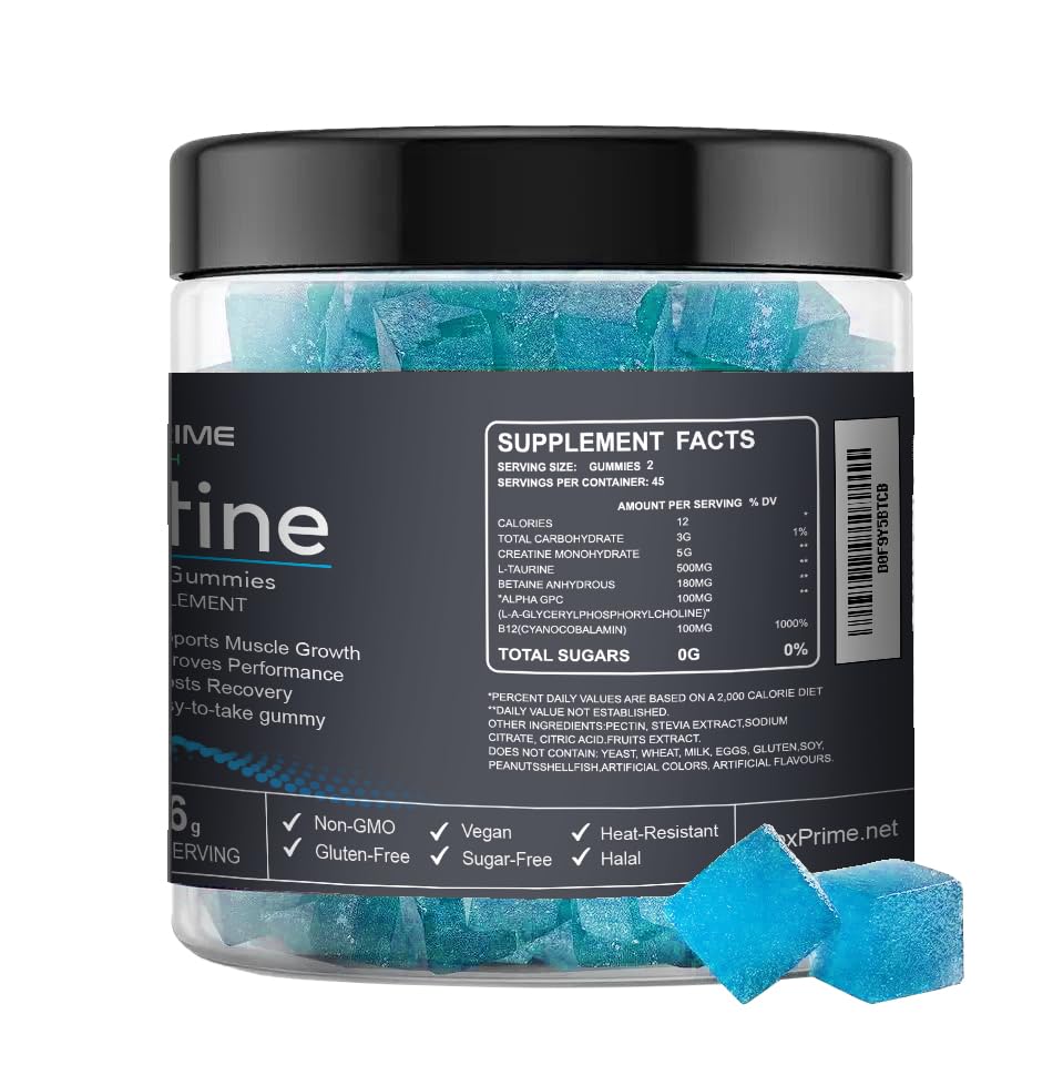 FlexPrime Creatine Gummies Sugar Free - 6g Creatine Monohydrate + L-Taurine, Alpha GPC, Betaine | Vegan Halal Blueberry Chews for Lean Muscle, Strength, Brain Health | Men Women 90 Count FlexPrimeBuy Supplements Australia