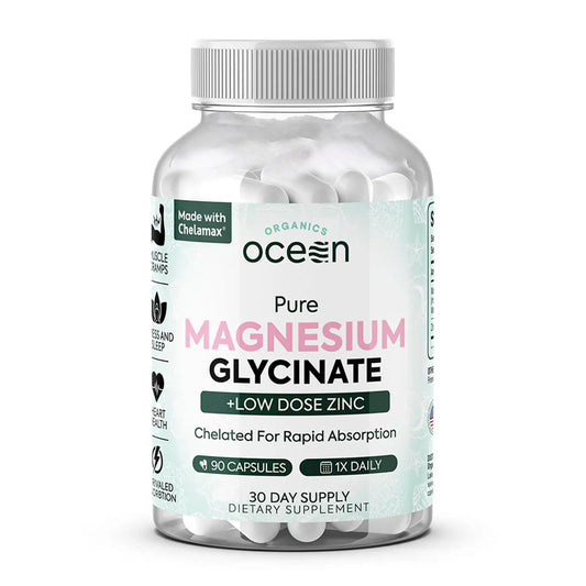 Supplement bottle labeled 'Ocean Organics' containing Magnesium Glycinate and Low Dose Zinc on a white background.