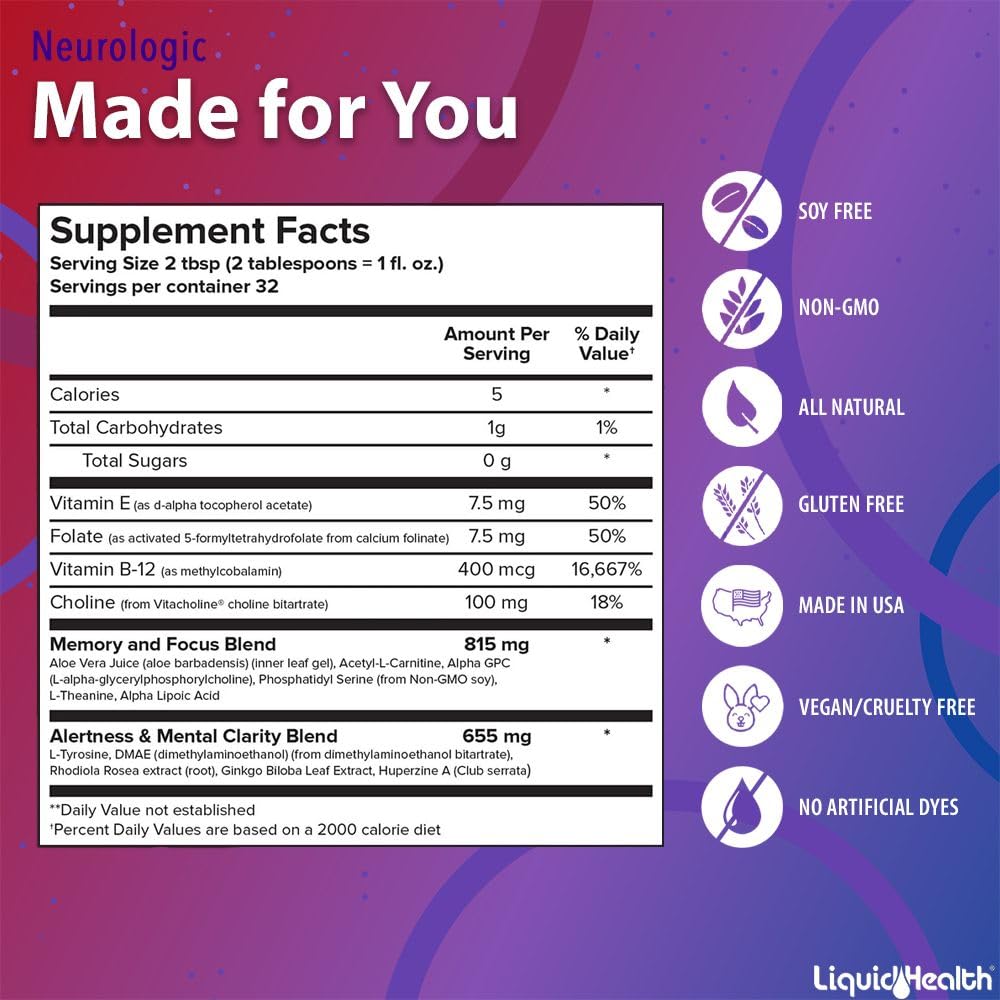 LIQUIDHEALTH Neurologic Focus Supplement - Brain Booster Nootropic Supplement for Cognitive Function, Memory & Focus with Ginkgo Biloba, Choline, L-Theanine & Phosphatidylserine - USA Made (32 oz) LIQUIDHEALTHBuy Supplements Australia