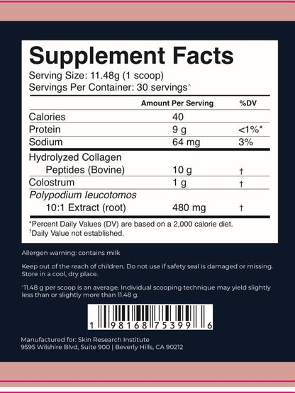 SRILabs ColSilk Unflavored Hydrolyzed Collagen Powder with Colostrum and Polypodium - Skin, Hair, Nails, Gut Health and Joint Support - One Scoop Daily | 1 Month Supply Skin Research InstituteBuy Supplements Australia