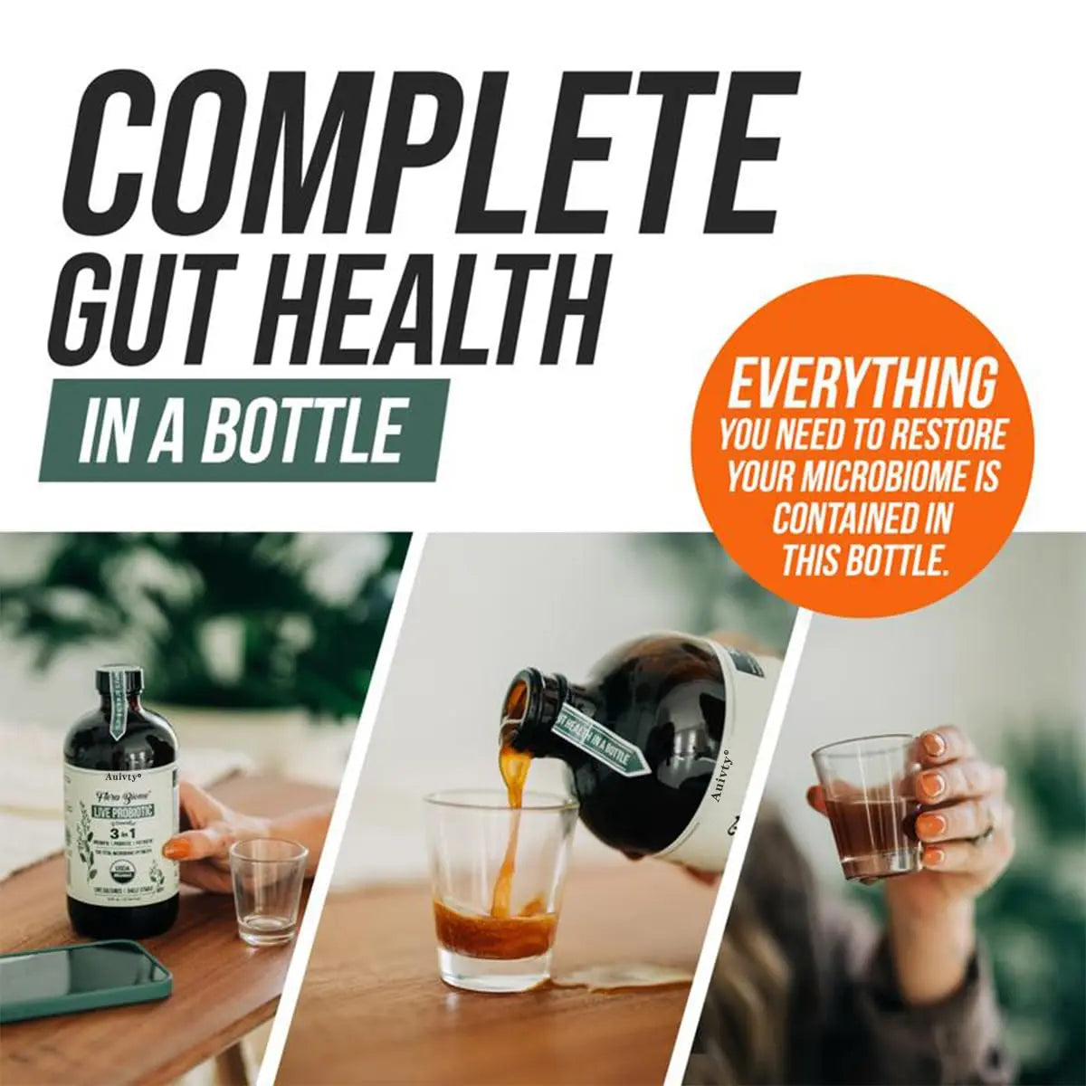 Auivty Flora Biome Live Probiotic Liquid, 3-in-1 Probiotic + Prebiotic + Postbiotic, 30 Billion CFU (at Time of Manufacture), 10 Strains, Fermented Herbal Blend with 18 Herbs, Shelf Stable, 16 fl oz AuivtyBuy Supplements Australia