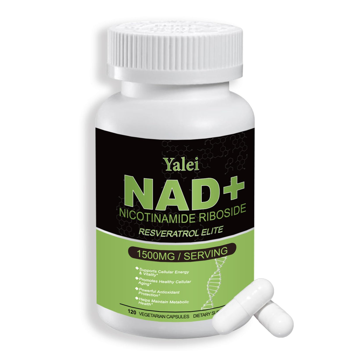 Bottle of Yalei NAD+ supplement with a white cap on a white background