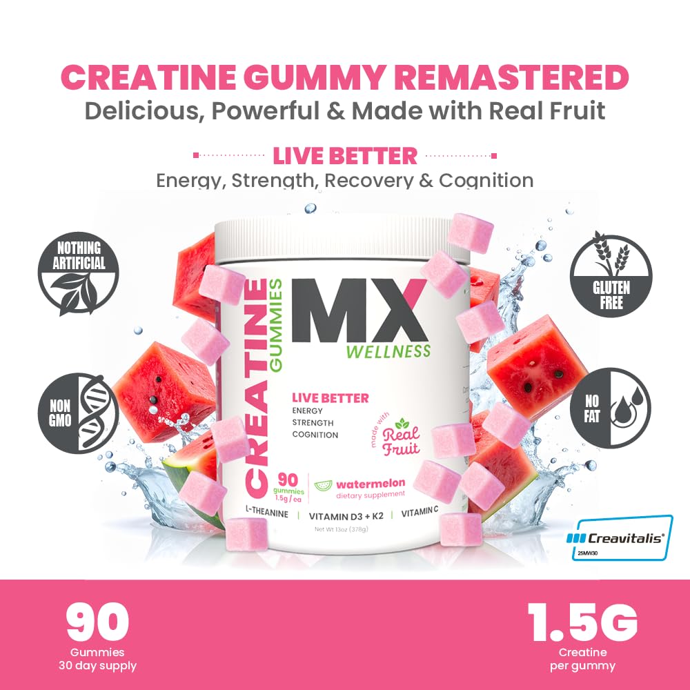 MX Wellness Creatine Monohydrate Gummies for Men & Women – Real Fruit Gummy Supplement for Muscle Growth, Recovery, Longevity, Cognitive Health & Memory – 90 Chews (90 Gummies, Watermelon) MX WellnessBuy Supplements Australia