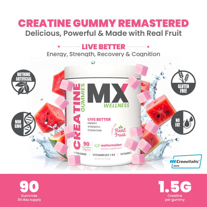 MX Wellness Creatine Monohydrate Gummies for Men & Women – Real Fruit Gummy Supplement for Muscle Growth, Recovery, Longevity, Cognitive Health & Memory – 90 Chews (90 Gummies, Watermelon) MX WellnessBuy Supplements Australia