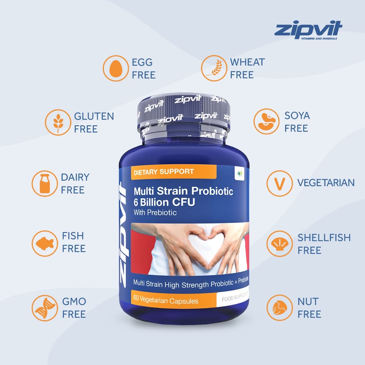 Probiotic 6 Billion Multi-Strain Live Bio Cultures Complex with Prebiotic, 60 Vegetarian ZipvitBuy Supplements Australia