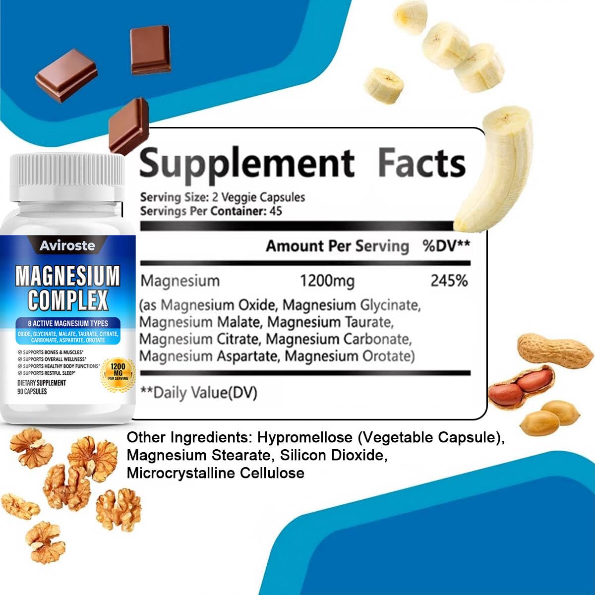 8 in 1 Magnesium Complex Supplement - 8 Elemental 1000mg - Magnesium Glycinate, Citrate, Malate, Taurate - High Absorption,for Muscle, Nerve & Sleep Support - 90 Capsules Aviroste buy supplements Au