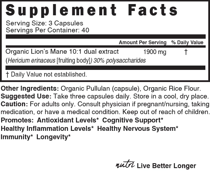 Nutri Organic Lions Mane Supplement Capsules - 1900 mg, 10:1 Dual Extraction, 120 Count Nature's FusionsBuy Supplements Australia